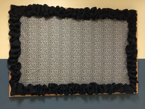 Outside bulletin board made of black burlap and a cheetah print sheet. Black And Gold Bulletin Board Ideas, Grade 8 Classroom, Burlap Border, Rustic Classroom Decor, Bulletin Boards Classroom Decor, Classroom Makeover, Staff Room, Ela Classroom, Classroom Bulletin Boards