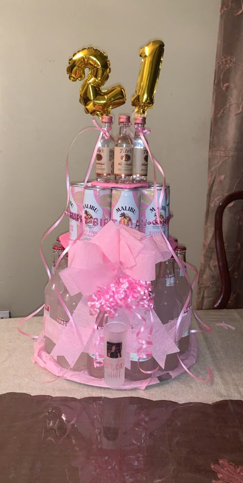 21ist Birthday Ideas, 21st Birthday Drink Tower, 21 Can You Do Something For Me, 21st Alcohol Cake, Creative 21st Birthday Gifts, 21st Birthday Liquor Bouquet, 21st Bday Centerpieces, 21st Bday Drinks, 21 Birthday Presents