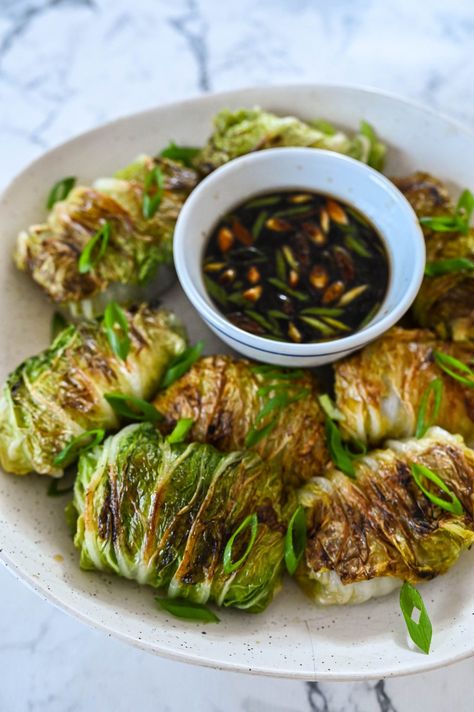 Cabbage Dumplings - Amy Lee Active Napa Cabbage Rolls, Napa Cabbage Recipes, Cabbage Wraps, Vegan Dumplings, Cabbage Rolls Recipe, Firm Tofu, Fried Cabbage, Arrowroot Powder, Vegan Inspiration