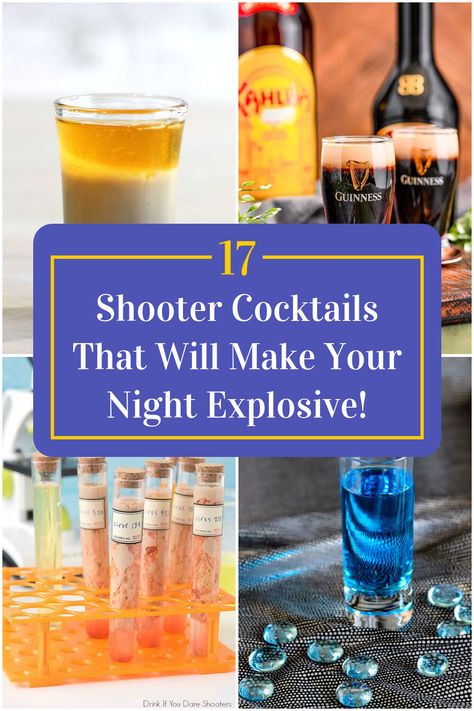 Collage of 4 shooter cocktails. Shooters Alcohol Recipes, Shooter Cocktail, Shooter Recipes, Happy Hours, Alcohol Recipes, Party Drinks, Mixology, Night In, Cocktail Recipes