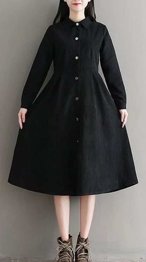 Mori Girl Autumn Winter Women Black Dress Full Sleeve Elegant A-Line Dress Winter Frocks For Women, Winter Frock Design, Loose Dress Outfit, Women Black Dress, Full Sleeves Design, Autumn Tops, Black Frock, Fall Skirt, Black Knee Length Dress