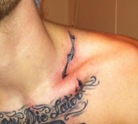 3-D Fish Hook Tattoo Fish Hook Tattoo, Collar Bone Tattoo For Men, Trout Tattoo, Fishing Hook Tattoo, Hook Tattoos, Lip Tattoos, Human Canvas, Collar Bone Tattoo, Fish Hook