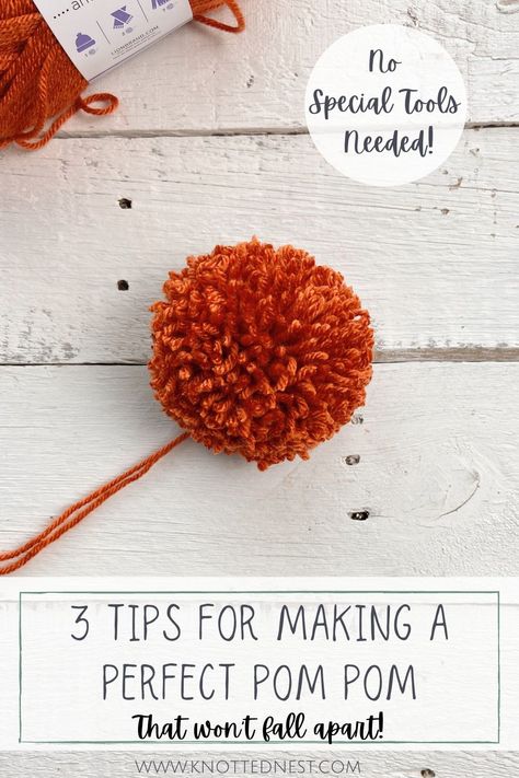 This step-by-step tutorial will show you how to make the perfect full, fluffy, thick pom pom out of yarn - that won't fall apart! Use cardboard to make pom poms for crochet hats and scarfs, wreaths, garlands, rugs, and more! #howto #pompommaker #fluffypompom #thickpompom Crochet Pompoms How To Make, Making Pompoms With Yarn, Make A Pom Pom With Yarn, Making Pom Poms, How To Make A Yarn Pom Pom, Yarn Pom Poms, Crochet Pompom, Yarn Pompoms How To Make, How To Make A Hat Pom Pom