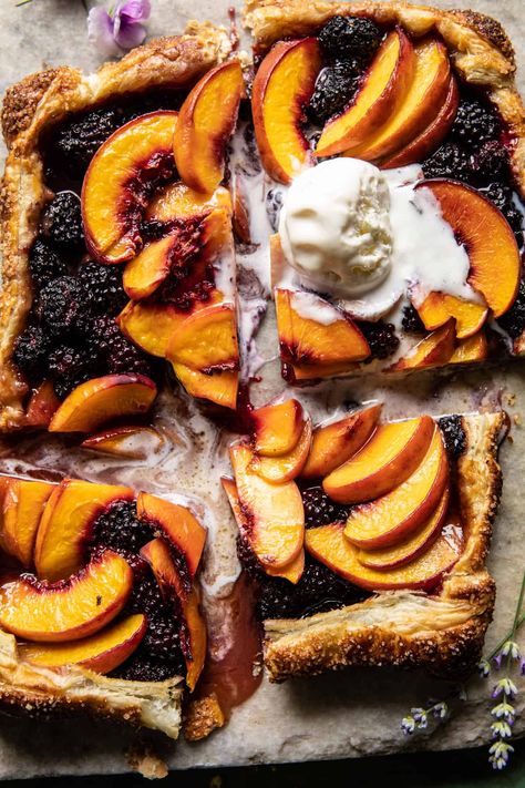 Blackberry Peach Galette | halfbakedharvest.com Peach Puff Pastry, Blackberry Peach, Brown Sugar Peaches, Peach Galette, Half Baked Harvest Recipes, Peach Recipes, Galette Recipe, Harvest Recipes, Frozen Puff Pastry