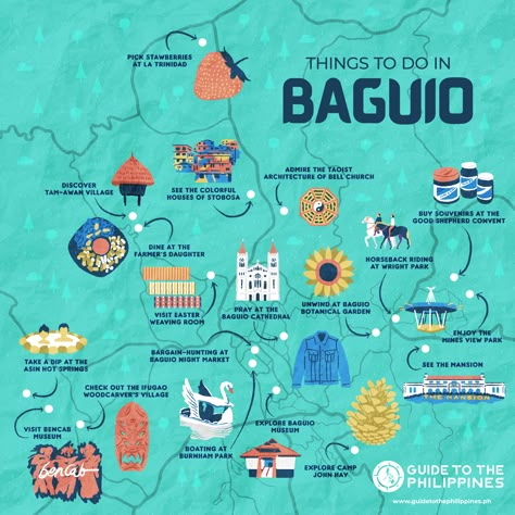 Plan your trip with this things to do in Baguio map by Guide to the Philippines! Camp John Hay, Baguio Philippines, Travel Brochure Design, Philippine Map, Philippines Travel Guide, Travel Philippines, Philippines Culture, Baguio City, Tourist Map