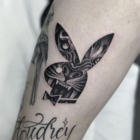 Tiger playboy bunny for @allysia_tattoo thanks again for getting this done 🤙🏽🤙🏽🤙🏽 @goodfortunestudio #tattoo #tattoos #girlswithtattoos… | Instagram Play Bunny Tattoo, Cool Bunny Tattoo, Play Boy Tattoo, Hood Bugs Bunny Tattoo, Playboy Tattoo Design, Playboy Bunny Tattoo Design, Play Boy Tattoo Idea, Playboy Bunny Tattoo Hip, Playboy Tattoo