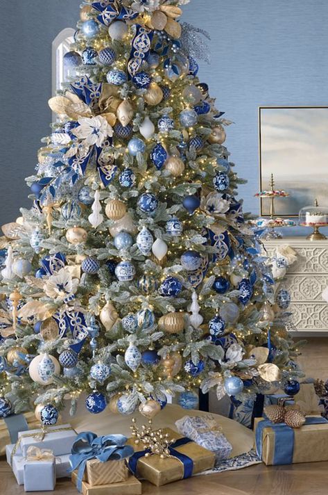 Navy Gold And Silver Christmas Tree, Blue Gold And White Christmas Tree, Blue White Gold Christmas Tree, Blue Gold And Silver Christmas Tree, Blue White And Gold Christmas Tree, Blue Silver And Gold Christmas Tree, Navy And Gold Christmas Decor, Blue And Silver Christmas Tree Ideas, Navy And Gold Christmas Tree