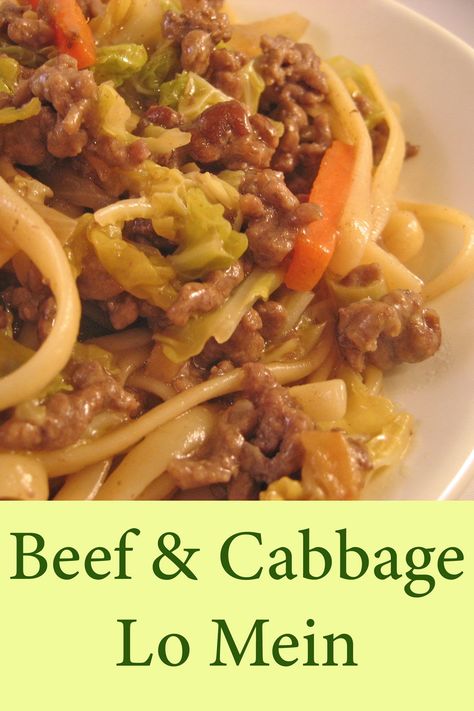 Stir-Fried ground beef and Savoy cabbage with noodles for an easy #MainCourse #BeefLoMein #StirFryGroundBeef #RecipesForTwo Ground Beef Lo Mein Recipe Easy, Cabbage Savoy Recipes, Ground Beef Lo Mein Recipe, Ground Beef Chow Mein Casserole, Cabbage Lo Mein, Cabbage With Noodles, Ground Beef Lo Mein, Beef Cabbage Stir Fry, February Dinners