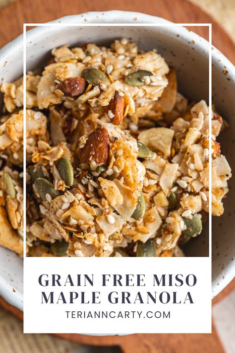 Grain Free Miso Maple Granola Maple Granola Recipe, Grain Free Granola Recipe, Fall Granola, Savory Granola, Maple Granola, Organic Granola, Granola Recipe Healthy, Paleo Granola, Fall Brunch