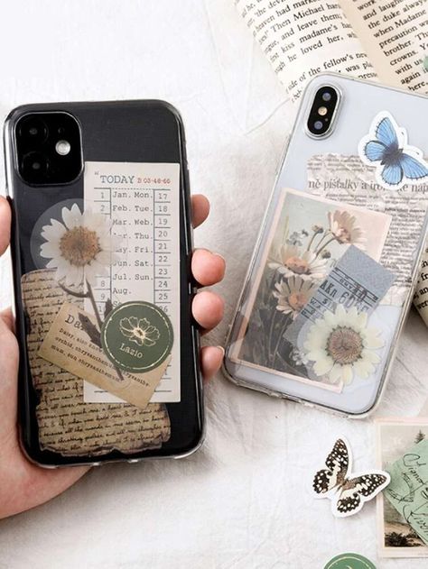 15pcs Mixed Plant Pattern Material Paper | SHEIN Phone Case Diy Paint, Diy Phone Case Design, Vintage Phone Case, Diy Iphone Case, Collage Phone Case, Pretty Phone Cases, Cases Diy, Scrapbook Materials, Aesthetic Phone Case