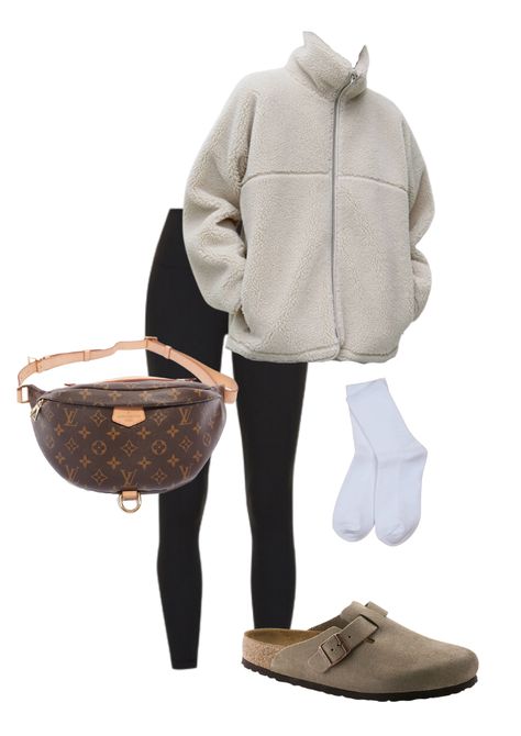 Outfit from capsule wardrobe 2023 Beige fleece Black leggings White crew socks Taupe Birkenstocks Louis Vuitton bumbag Birkenstock Clogs Outfit Leggings, Taupe Birkenstock Outfit, Birkenstock With Socks Outfit, Birkenstocks With Socks Outfit, Taupe Birkenstocks, White Birkenstock Outfit, Socks And Birks, Leggings With Socks, Birkenstocks With Socks