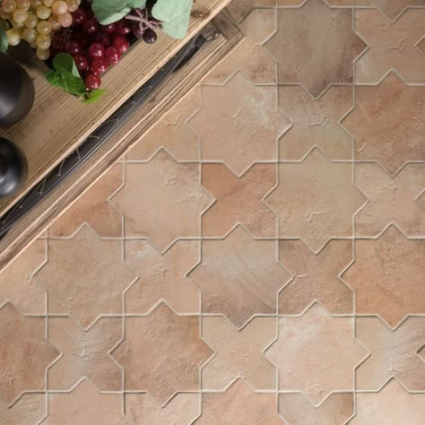 Parma Cotto Brown Matte Star and Cotto Brown Matte Cross 6" Terracotta Look Porcelain Tile | Tilebar.com Star And Cross Terracotta Tile Floor, Terracotta Floor Outdoor, Earthy Shower Tile Ideas, Star And Cross Tiles, Terracotta Outdoor Patio, Cotto Tile Floor, Light Terracotta Floor Tiles, Terra Cotta Floors Bathroom, Star And Cross Tile Backsplash