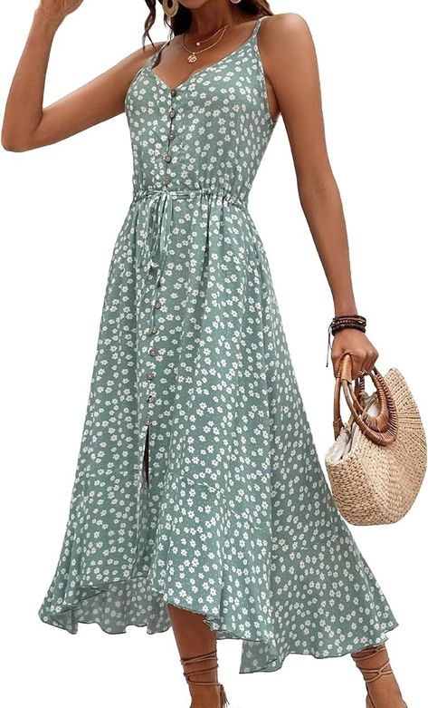 BROVAVE Women's 2024 Summer Casual Boho Sundress Polka Dot Spaghetti Strap V Neck Flowy Midi Dresses(008 Black#2, Large) at Amazon Women’s Clothing store Turtleneck Fashion, Boho Sundress, Flowy Midi Dress, Sleeveless Skirt, Pink Lavender, Dark Orange, Leggings Casual, Boho Casual, Mid Length Dresses