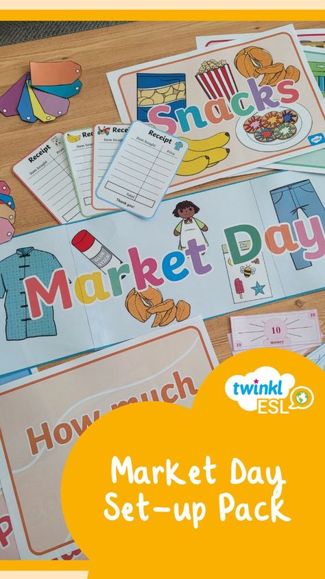 A market day set up pack for teachers, includes receipts, tags, toy money and display signs. Market Day Poster Ideas For School, Poster Market Day, Shopping Phrases, Functional Language, Market Day Ideas, Classroom Economy, Language Functions, Toy Money, Tag Templates