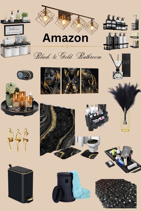 Black & Gold Modern Chic Bathroom Finds #amazonhome #founditonamazon Black White Gold Bathroom Ideas, Gold And Black Bathroom Ideas, Black Gold Bathroom Ideas, Black And Gold Bathroom Decor Ideas, Black Themed Bathroom, Black White Gold Bathroom, Modern Chic Bathroom, Gold Bathroom Ideas, Black Bathroom Storage