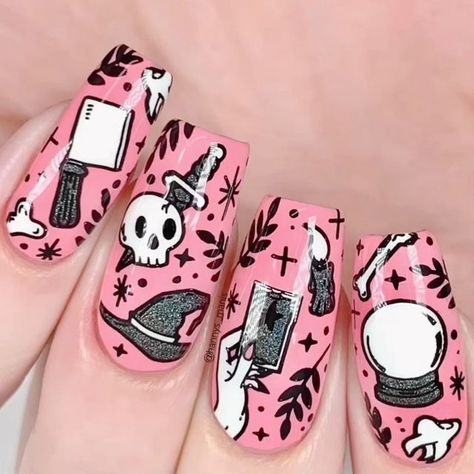 Hannah on Instagram: "🎥Tutorial for my witchy nails!🎥 🔮🔪💖✨⁣ ⁣ I used:⁣ ⁣ 🔮 @manitudeofficial “Spell Check” stamping plate⁣ 🔪 Maniology “Love Potion”, “Black Magick”, “Bam! White” & “Straight Up Black” stamping polishes⁣ ⁣ #manitude #nailartvid #nailartvids #nailartvideo #nailartvideos #nailartvideotutorials #nailarttutorial" Potion Nails, Spell Check, Witch Nails, Witchy Nails, Black Magick, Latest Nail Trends, Really Cute Nails, Instagram Tutorial, Love Potion