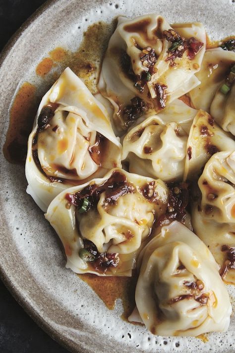 Learn how to make boiled chicken wontons with chili sauce from Hsiao-Ching Chou's new cookbook, Chinese Soul Food—the perfect recipe for a Lunar New Year feast. New Years Day Food, Wonton Recipe, Tiny Bites, Chicken Wontons, Wonton Recipes, China Food, Boiled Chicken, Restaurant Dishes, Cook Recipes