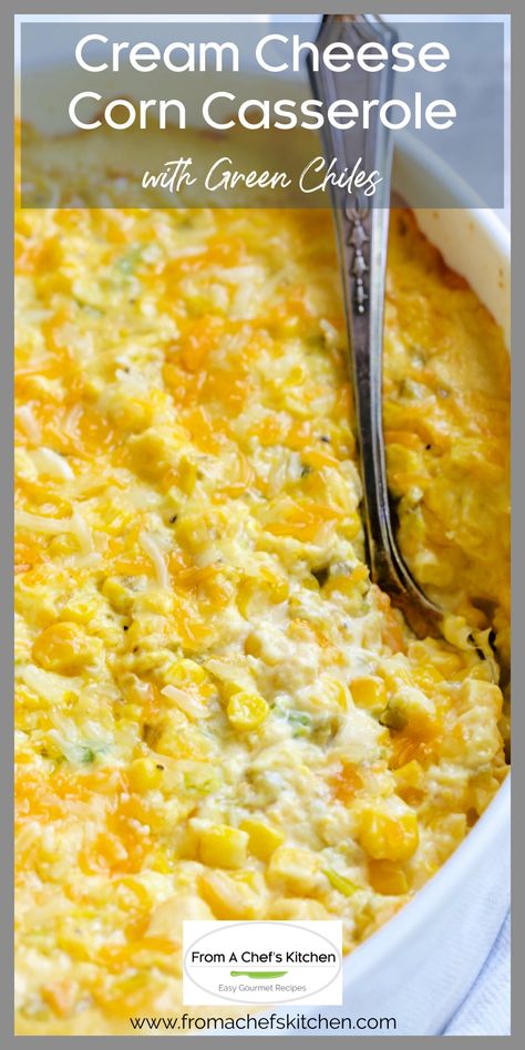 This easy, decadent cheesy corn casserole is soon to become your family's new favorite side dish!  Cream Cheese Corn Casserole with Green Chiles is delicious served up right out of the skillet or made ahead and baked up hot and bubbling later.  Read on for a secret tip that will make any corn casserole better! Cream Cheese Corn Casserole, Corn Casserole Crockpot, Chili Side Dishes, Sweet Corn Casserole, Cheese Corn Casserole, Cheesy Corn Casserole, Easy Corn Casserole, Corn Recipes Side Dishes, Cream Cheese Corn