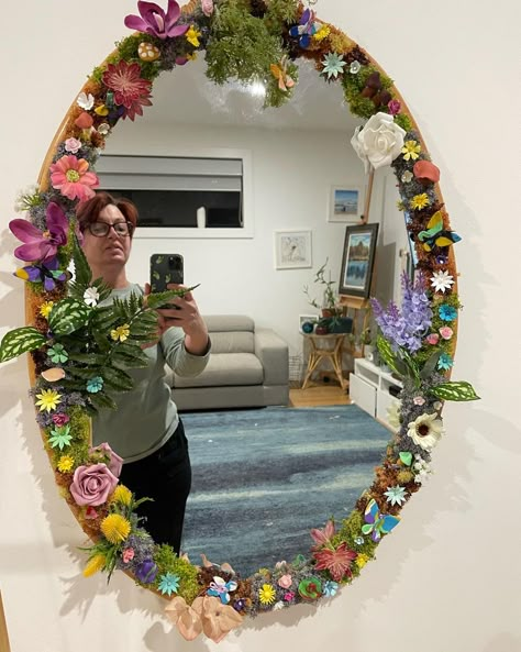 Whimsical Mirror Diy, Whimsical Mirror, Dried Flower Mirror, Diy Cottagecore Mirror, Cottagecore Mirror, Frog Mirror, Decorate Mirror, Enchanted Mirror, Fairy Core Mirror