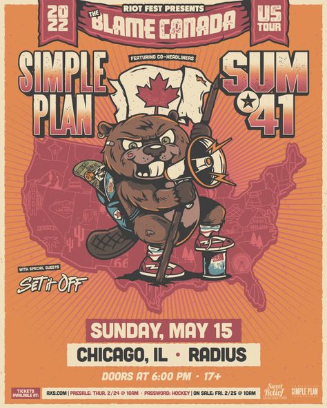 Simple Plan / Sum 41 - Riot Fest Tour Dates Poster, Blame Canada, Deryck Whibley, Plan Wallpaper, Set It Off, Magnolia Park, Simple Plan, Poster Display, Band Wallpapers