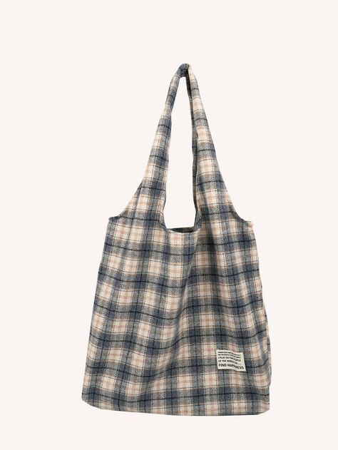 Blue Preppy   Polyester Plaid Shopper Bag Embellished   Women Bags Plaid Bag, Chihiro Y Haku, Plaid Tote Bag, Plaid Tote, Wicked Game, Estilo Preppy, Style Preppy, Fit Ideas, Tote Pattern