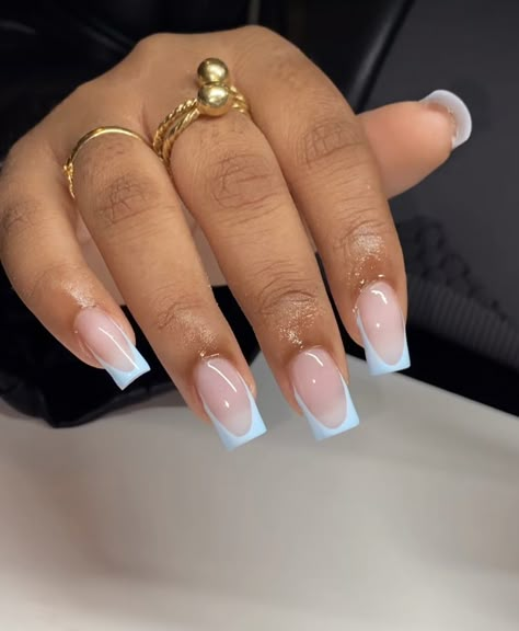 Deep Smile French Nails Square, Short Nails Ideas French Tip Color, Short French Tip Acrylic Nails Color, Short V French Nails, Baddie French Tip Acrylic Nails, French Tip With Accent Nail, Short Blue French Tip Nails, French Tip Nails Medium, Light Blue Nails French Tip