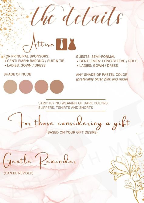 Wedding, Pink/Gold Wedding Theme, Card, Invitation Filipiniana Invitation, Attire Wedding Invitation, Pink Gold Wedding Theme, Boho Filipiniana, Wedding Invitation Layout, Filipiniana Wedding Theme, Pink Gold Wedding, Drawings Inspo, Sample Invitation