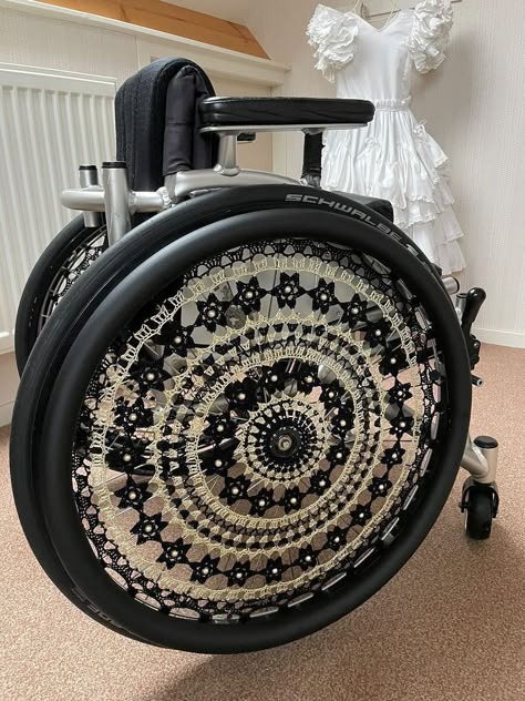 Crochet wheel covers design Sahria Wheel Chair Decoration Ideas, Cool Wheelchair Accessories, Walker Decorations Diy, Cute Mobility Aid, Crochet Wheelchair Accessories, Cute Wheelchair Accessories, Mobility Aid Decoration, Mobility Aid Aesthetic, Wheelchair Decorations Ideas