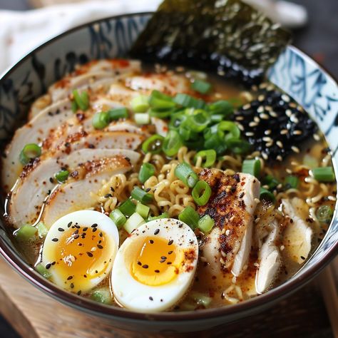 🍜 Dive into the deliciousness of homemade Ramen! 🍥✨ #Ramen #JapaneseCuisine Ramen (Japanese Noodle Soup) Ingredients: Ramen noodles (200g) Chicken broth (4 cups) Soy sauce (2 tbsp) Miso paste (1 tbsp) Ginger, sliced (1 inch) Garlic, minced (2 cloves) Cooked chicken, sliced (1 cup) Soft-boiled eggs, halved (2) Green onions, chopped (2 tbsp) Nori (seaweed), sliced (2 sheets) Sesame oil (1 tsp) Instructions: In a pot, heat chicken broth, soy sauce, miso paste, ginger, and garlic. Simmer for ... Ramen Sauce Recipes, Ramen Noodles With Chicken, Sesame Ramen, Japanese Noodle Soup, Ramen Japanese, Chicken Ramen, Soup Ingredients, Homemade Ramen, Miso Paste