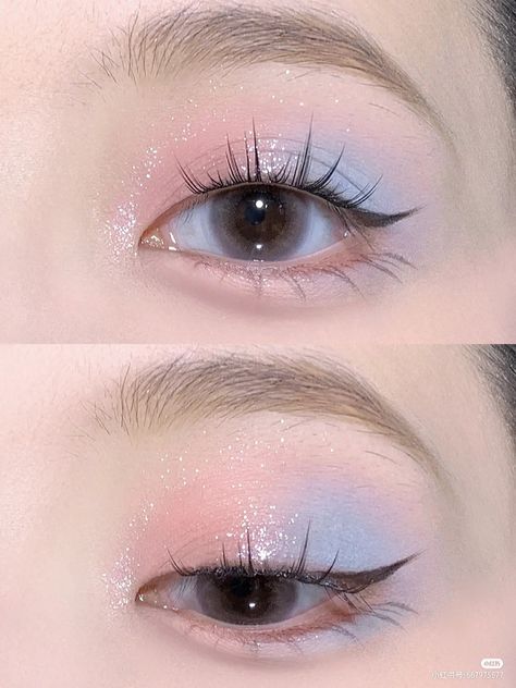 Soft Pastel Eye Makeup, Txt Inspired Makeup, Dreamy Eye Makeup, Blue Pink Eye Makeup, Txt Concert Makeup, Concert Makeup, Douyin Makeup, Cute Eye Makeup, Doll Eye Makeup