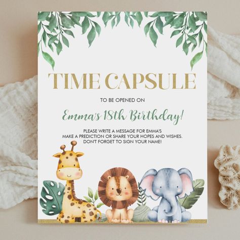 Add a special touch to your little one's Wild ONE birthday party with this Time Capsule Sign. Let your guests contribute their heartfelt messages and wishes for your child's future with this unique party game. The cute jungle animals design adds a fun and playful element to the sign, making it perfect for a safari or zoo animal-themed party. Create lasting memories and treasure the messages for years to come with this delightful time capsule sign. Wild One Activities, Jungle Theme Birthday Party One Year Old, Wild One Party Games, Safari Birthday Games, Diy Wild One Birthday Decorations, Wild One Birthday Party Activities, Wild One Birthday Activities, Wild One First Birthday Boys, One Wild Year 1st Birthday