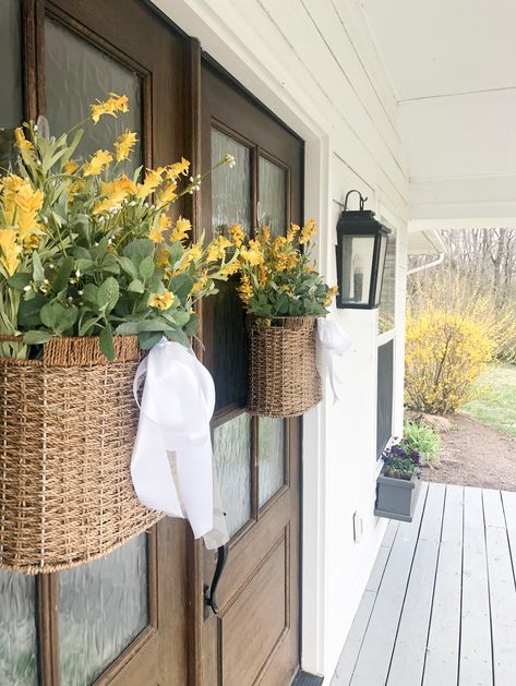 Spring Flower Basket Wreaths for Our Front Doors - Beneath My Heart Front Door Basket, Spring Front Door Decor, Front Door Baskets With Flowers, Front Door Baskets With Flowers Wicker, Hanging Door Basket With Flowers, Winter Outdoor Decor, Flower Basket Door Hanger, Front Door Baskets, Front Porch Planters