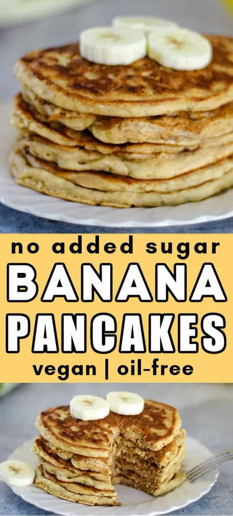 The best vegan banana pancakes I've tried! Delicious, fluffy, healthy, easy to make in one bowl. Just 5 simple pantry ingredients you probably have at home right now. Egg free, dairy free, refined sugar free, oil free. #veganpancakes #pancakes #veganbreakfast #veganrecipes #veganrecipeseasy #plantbasedrecipes #vegan Healthy Banana Pancakes No Eggs, No Oil Pancakes, Oatmeal Banana Pancakes No Eggs, Banana Oatmeal Pancakes No Egg, Banana Oat Pancakes No Egg, Wfpb Banana Recipes, Vegan Banana Pancakes 3 Ingredient, Banana Pancakes Healthy No Egg, No Sugar Pancakes