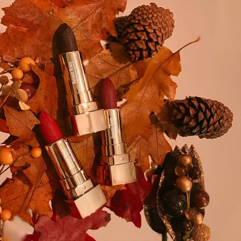 Autumn Cosmetics Photography, Thanksgiving Product Photoshoot, Cosmetics Photoshoot Ideas, Autumn Product Photography, Fall Product Photography, Autumn Lipstick, Thanksgiving Apple Cider, Fall Skincare, Fall Makeup Trend