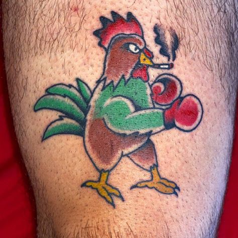 Rooster tattoo Rooster Leg Tattoo, Roster Tattoos Traditional, American Traditional Chicken Tattoo, Chicken Leg Tattoo, Rooster Tattoo Men, Roster Tattoos, Rooster Tattoo For Women, Traditional Rooster Tattoo, Rooster Tattoo Ideas