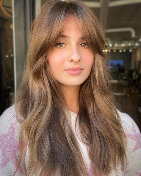 Grown Out Fringe Long Hair, Longer Fringe Bangs, Growing Out Fringe Haircuts, Long Soft Bangs, Fringe Growing Out Hairstyles, Subtle Bangs Long Hair Face Framing, Georgia Steel Hair Fringe, Grow Out Curtain Bangs, Georgia Steel Fringe