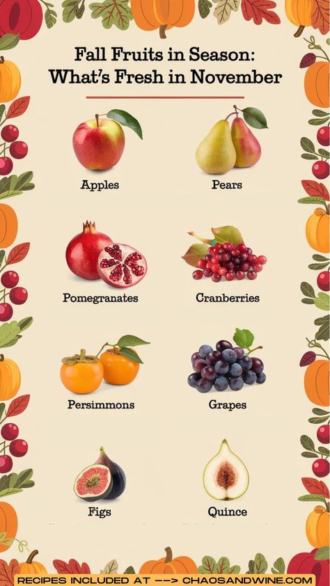 Graphic showcasing fall fruits in season during November. The image features labeled fruits: Apples, Pears, Pomegranates, Cranberries, Persimmons, Grapes, Figs, and Quince. The design is surrounded by autumn-themed illustrations, including pumpkins and leaves, adding a festive fall touch. This visual highlights November seasonal produce, ideal for fall recipes and seasonal dishes Fall Produce In Season, November Produce, What Fruit Is In Season, Autumn Fruits And Vegetables, In Season Fruit, Persimmon Bread, Quince Recipes, Fall November, Autumn Fruits