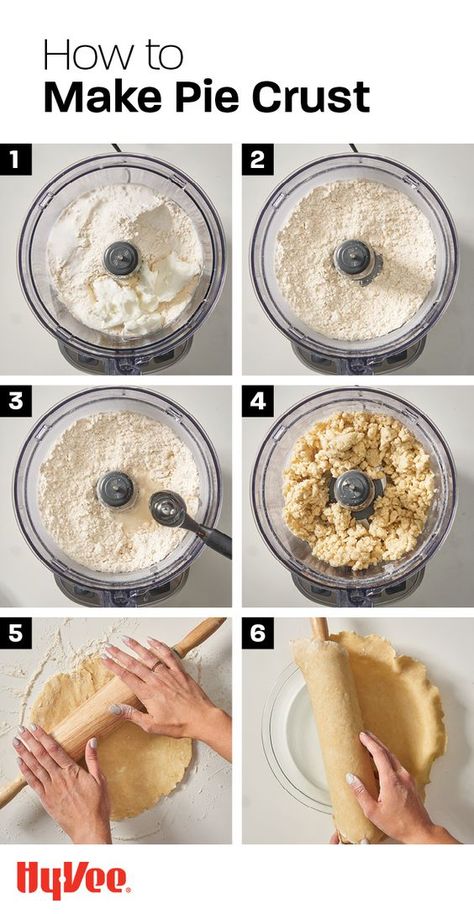 Get step by step instructions and a straigh-forward recipe for making an easy pie crust in a food processor. You'll love this simple method for homemade pies! Find everything you need for you special occasion dinner or holiday dessert at your local Hy-Vee or shop online at Hy-Vee.com. Pie Crust Recipe Easy Food Processor, Food Processor Desserts, Pie Crust Recipe Food Processor, Pie Crust In Food Processor, Food Processor Pie Crust, Make Pie Crust, Beautiful Pie Crusts, Pie Crust Uses, Pie Crust Recipe Easy