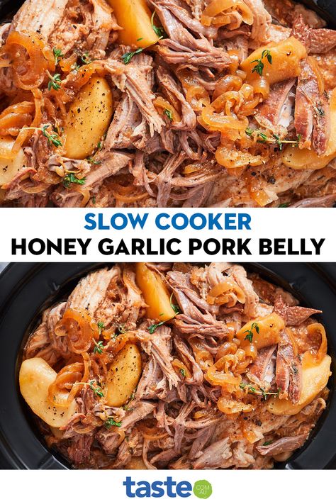 Pork Belly In Crockpot, Pork Belly Recipes Crock Pot, Pork Belly Crock Pot Recipes, Pork Belly Recipes Easy, Honey Garlic Pork, Pork Meals, Pork Belly Recipes, With Mashed Potatoes, Slow Cooker Desserts