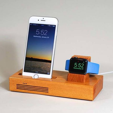 Handmade Wooden Docking Station with Audio Amplifier for iPhone and Apple Watch | Gadgetsin Diy Docking Station, Iphone Docking Station, Desk Organizer Tray, Phone Docking Station, Wooden Docking Station, Iphone Speaker, Phone Dock, Table Organizer, Apple Watch Stand