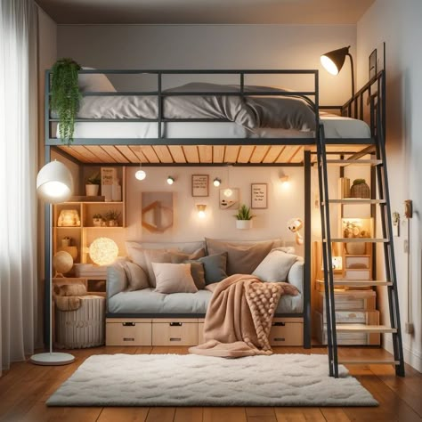 Bunk Bed With Couch Underneath Aesthetic, Loft Bed Couch Underneath, Loft Bed With Couch Underneath, Loft Bed Ideas Aesthetic, High Bed Ideas, 2 Bed Loft, Room Ideas Cottagecore, Really Small Bedroom Ideas, Girls Cabin Bed