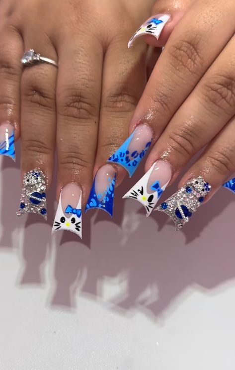 Hello Kitty Nails Acrylic Blue, Blue Nails Hello Kitty, Kaw Nail Design, Blue Duck Nails Acrylic, Royal Blue Duck Nails, Baby Blue Duck Nails, Duck Birthday Nails, Junk Duck Nails Short, Blue Junk Nails