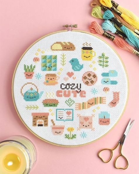 Mollie // Wild Olive on Instagram: "Want to stay home and enjoy that hygge life? My new cross stitch pattern Cozy Cute is available now and ready for you to stay home and stitch! Find it in my Etsy shop. You can stitch the mini motifs by themselves or all in a group like you see here! 🪡💕 #crossstitch #moderncrossstitch #crossstitchersofinstagram #pointdecroix #crossstitchlove #crossstitchpattern" Home Cross Stitch, Everything Cross Stitch, Kawaii Cross Stitch, Holiday Cross Stitch Patterns, Wild Olive, Hygge Life, Book Tracker, Vintage Cross Stitch Pattern, Holiday Cross Stitch