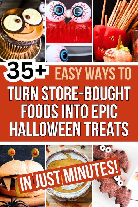 Halloween Store Bought Treat Ideas, Store Bought Food For Party, Easy Halloween Snack Ideas For Party, Store Bought Halloween Treats, Halloween Party Food Easy Cheap, Cheap And Easy Halloween Snacks, Make Ahead Halloween Treats, Semi Homemade Halloween Treats, Halloween Team Snacks