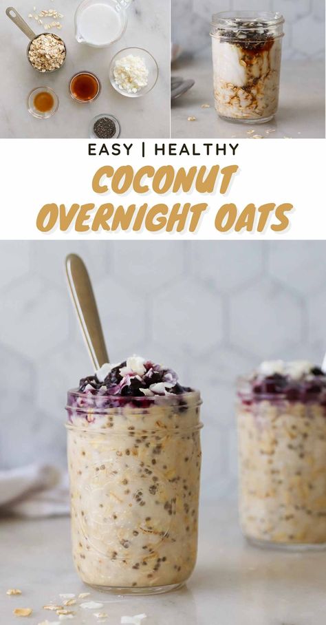 It only takes three minutes and a handful of ingredients to prepare this no-cook Coconut Milk Overnight Oats recipe! Mornings will be easy as can be when you have this delicious, healthy, ready-to-go breakfast already made. Whip up a batch today! Coconut Yogurt Overnight Oats, Coconut Milk Oats Overnight, Coconut Milk Healthy Dessert, Overnight Coconut Oats, Aip Overnight Oats, Overnight Oats Healthy Coconut Milk, Overnight Oats With Coconut Flakes, Overnight Oats Coconut Yogurt, Coconut Chia Overnight Oats