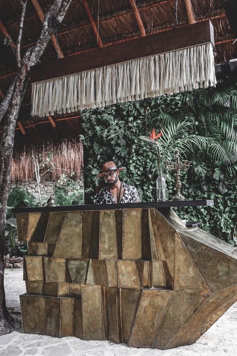 Beach Hotel Reception Desk, Tulum Boutique Hotel, Boutique Hotel Reception, Tulum Aesthetic, Enchanted Jungle, Brushed Concrete, Front Desk Hotel, Hotel Reception Desk, Jungle Oasis