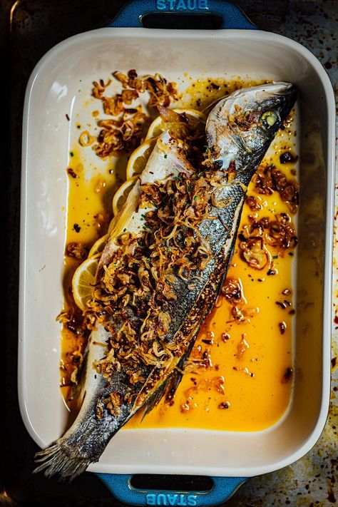 Baked Branzino, Whole Fried Fish, Simple Seafood Recipes, Mustard Seed Oil, Black Mustard Seeds, Crispy Shallots, Whole Fish, Fried Shallots, Cooking Seafood