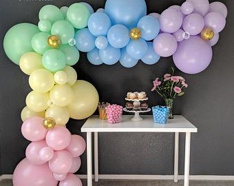 Rainbow Balloon Arch, Rainbow Diy, Balloon Garland Diy, Celebration Balloons, Jumbo Balloons, Garland Diy, Gold Confetti Balloons, Pastel Balloons, Diy Balloon