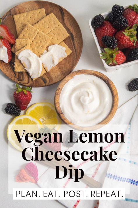 Vegan Lemon Cheesecake Dip is a quick and easy dairy-free dip that tastes just like cheesecake you can dip berries, graham crackers or vanilla cookies into! Vegan Lemon Cheesecake, Dipped Berries, Cream Cheese Fruit Dip, Dairy Free Dips, Dairy Free Cheesecake, Plain Bagel, Lemon Cream Cheese, Cheesecake Dip, Impressive Desserts