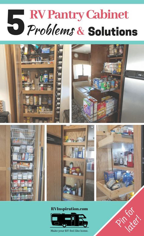 Storage and organization ideas for #RV kitchen pantry cabinets | #motorhome #camper #traveltrailer Rv Pantry, Rv Storage Organization, Travel Trailer Organization, Trailer Organization, Camper Organization, Rv Organization, Pantry Cabinets, Camper Storage, Rv Kitchen